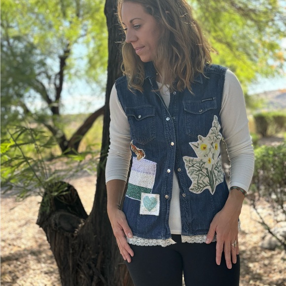 Upcycled Dolce and Gabbana Denim Vest with Floral Patches - Picture 1 of 10